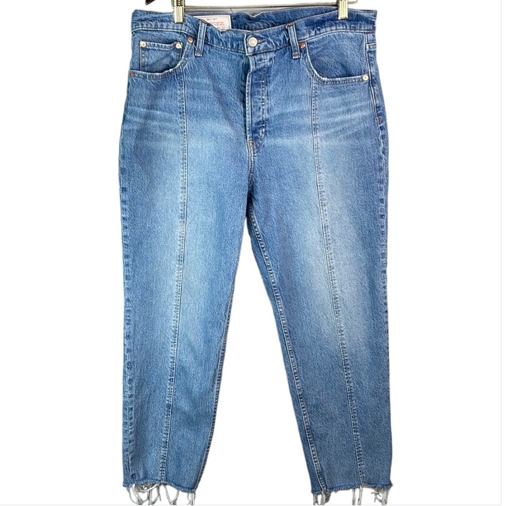 Gap Cheeky Straight High Rise Jeans Blue Light Wash Raw Hem Button Fly 34/18